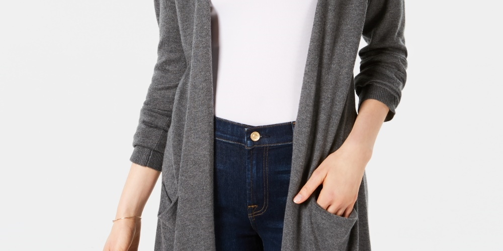 Maison Jules Women's Long Open-Front Jersey Cardigan Sweater Med Gray Size X-Small