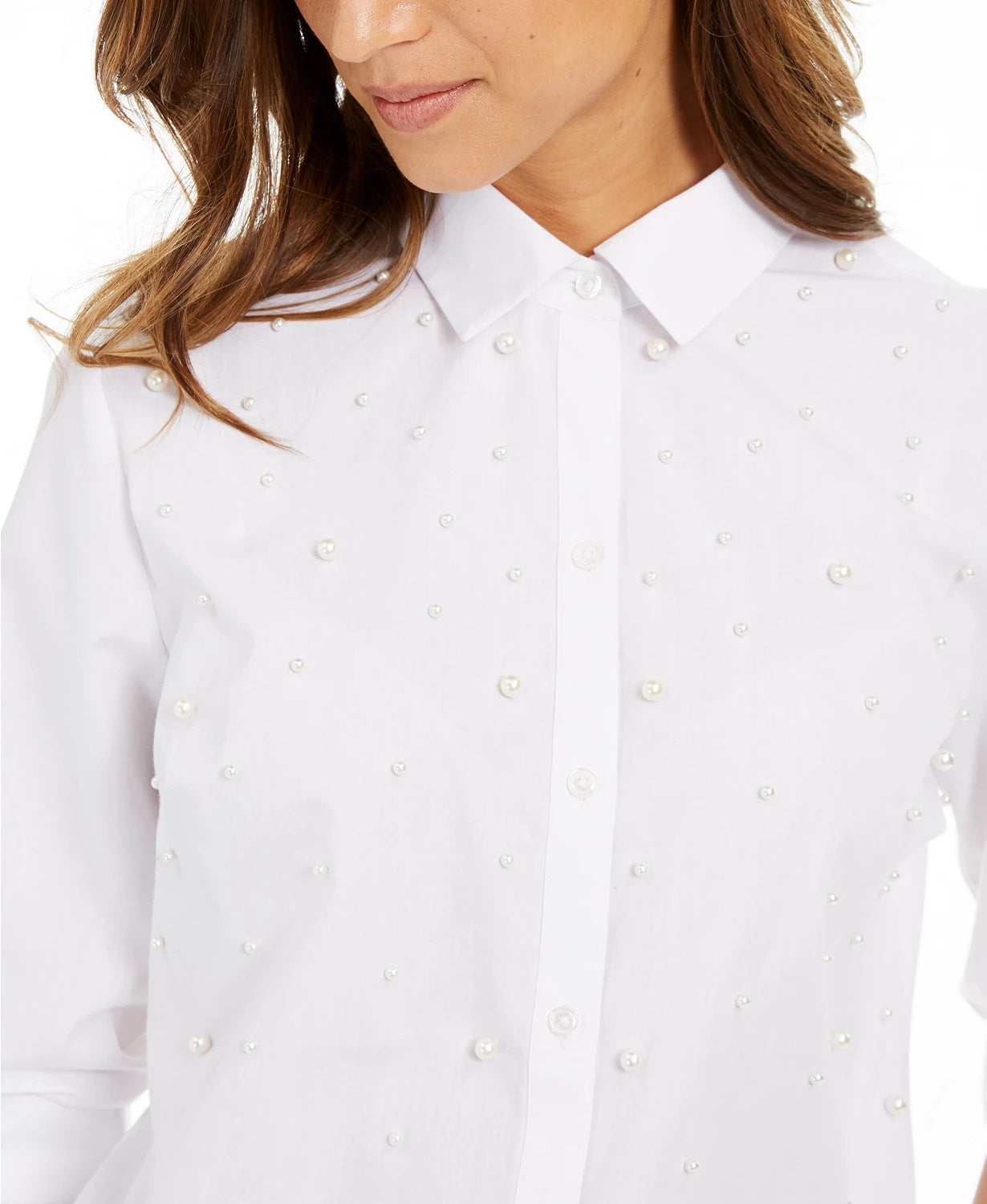 Charter Club Women's Petite Faux-Pearl Button-Front Shirt White PL