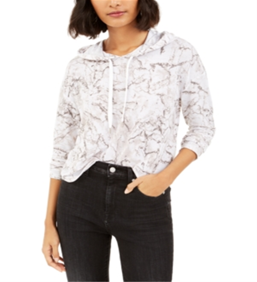 Bar III Women's Marble Print Pullover Hoodie White Size X-Large