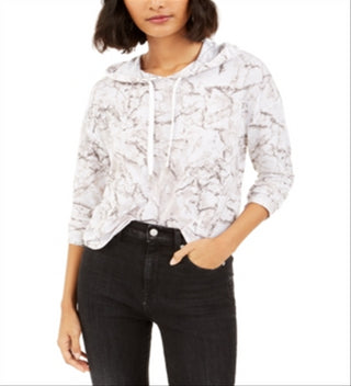 Bar III Women's Marble Print Pullover Hoodie White Size X-Large