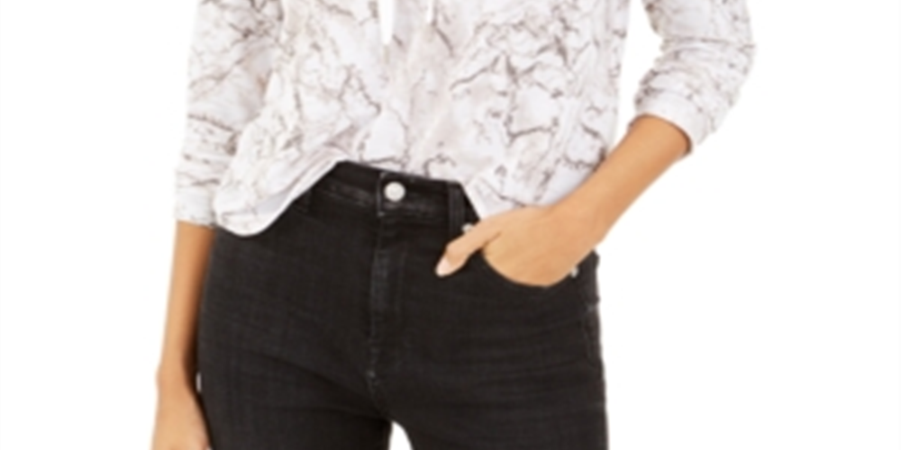 Bar III Women's Marble Print Pullover Hoodie White Size X-Large