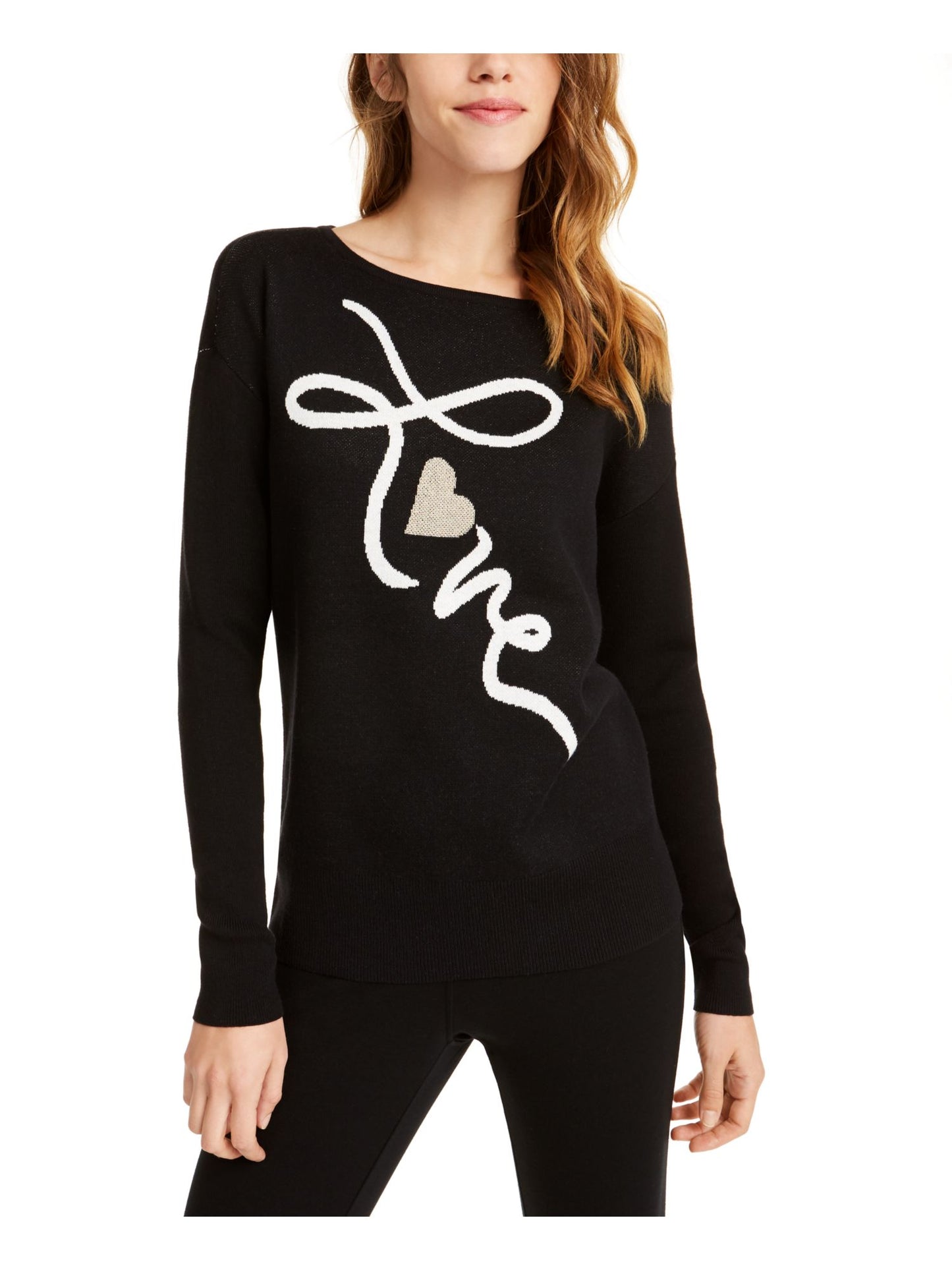 Maison Jules Women's Cotton Blend Striped Long Sleeve Crew Neck Sweater Black Size Medium