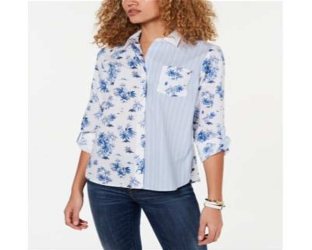 Tommy Hilfiger Women's Double Print Cotton Shirt Blue Size X-Large