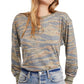 Free People Women's Camouflage Long Sleeve Jewel Neck Top Green Size Small
