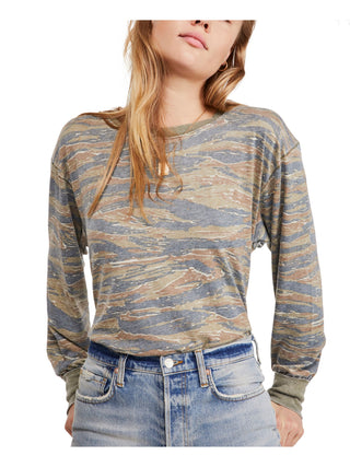 Free People Women's Camouflage Long Sleeve Jewel Neck Top Green Size Small