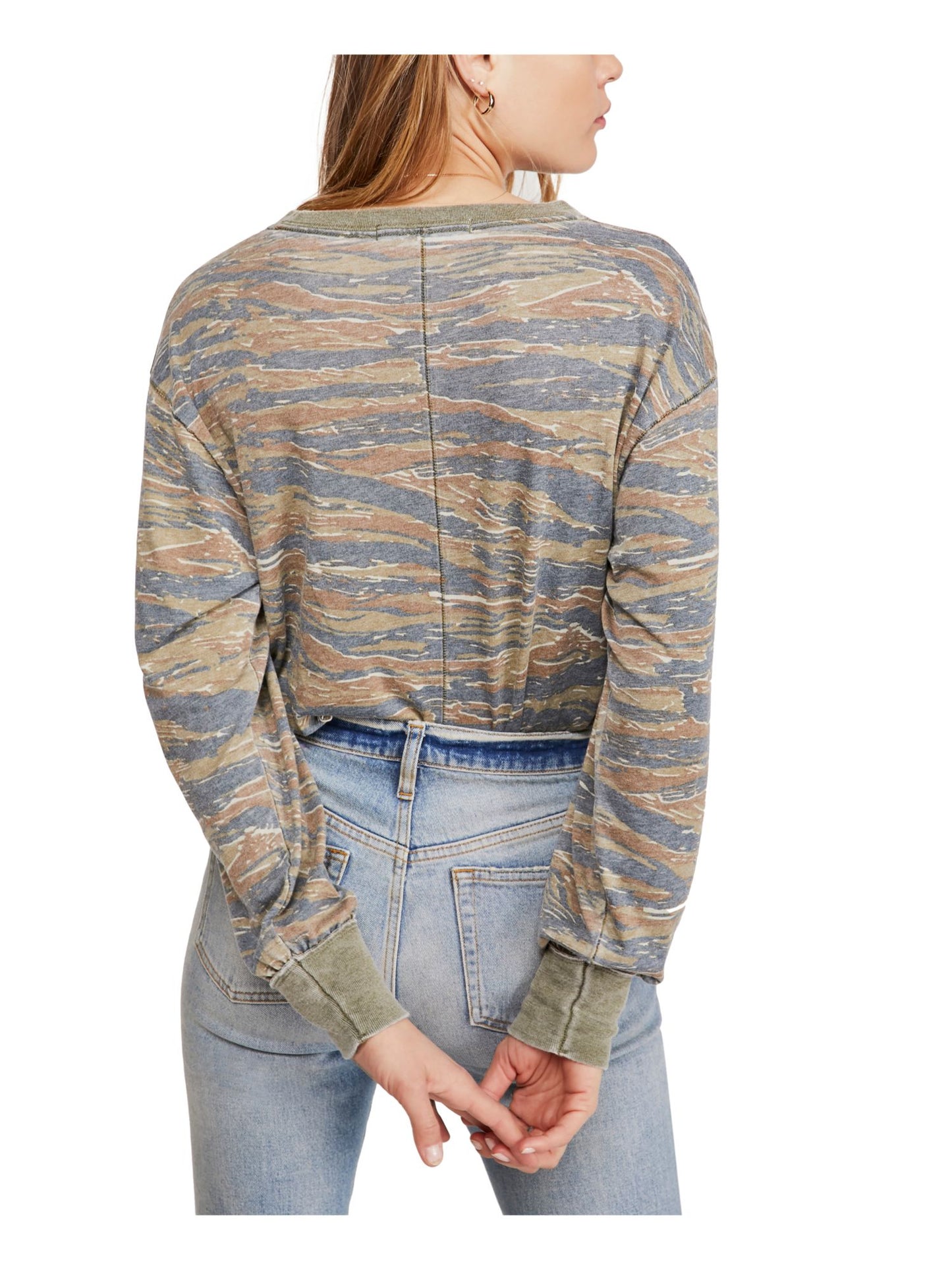 Free People Women's Camouflage Long Sleeve Jewel Neck Top Green Size Small