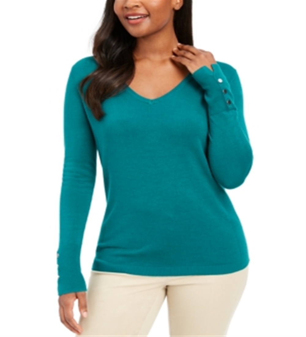 JM Collection Women's Embellished Sleeve V Neck Sweater Green Size Medium
