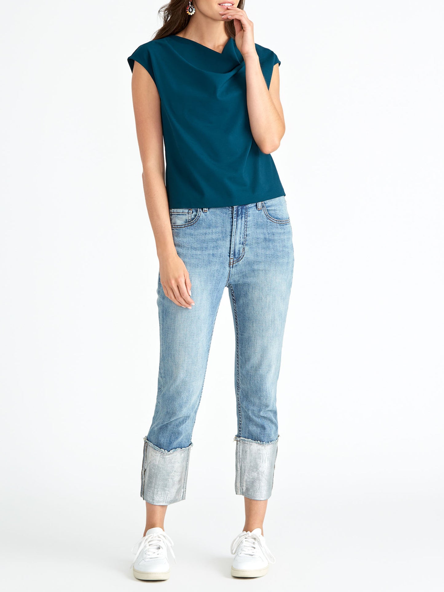 Rachel Roy Women's Slub Cowl Neck Pullover Top Blue Size Large