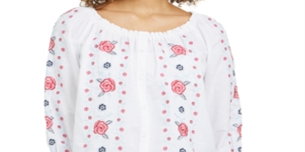 Charter Club Women's Linen Embroidered Front Blouse White Size Small