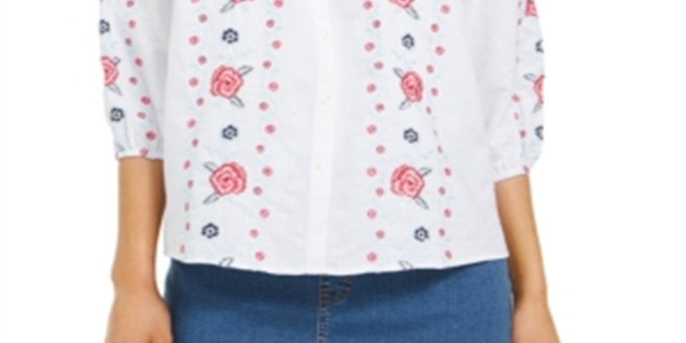 Charter Club Women's Linen Embroidered Front Blouse White Size Small