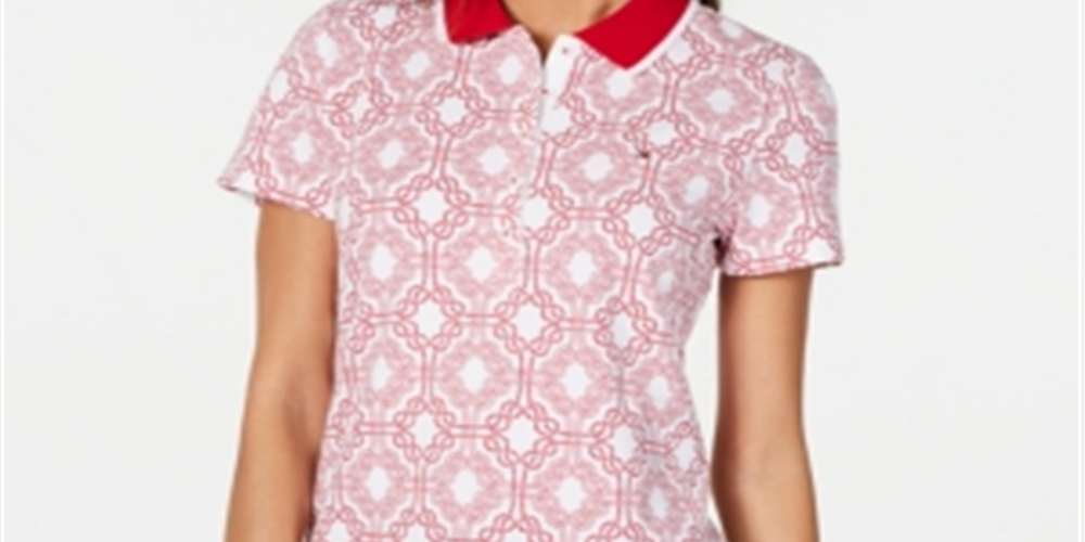 Tommy Hilfiger Women's Printed Short Sleeve Polo Red Size M