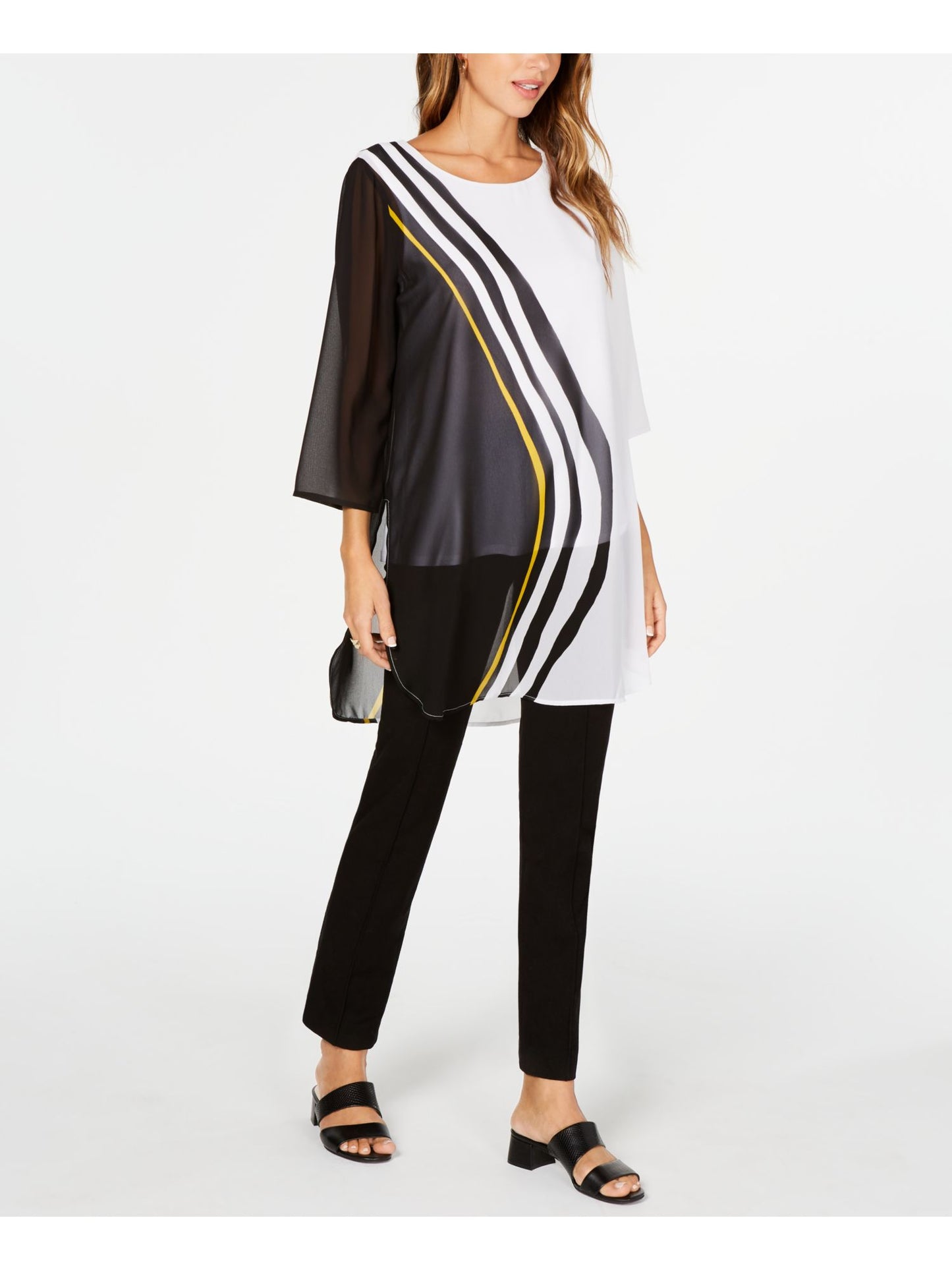 Alfani Women's Color Block 3/4 Sleeve Jewel Neck Blouse Evening Top Black Size Petite Small