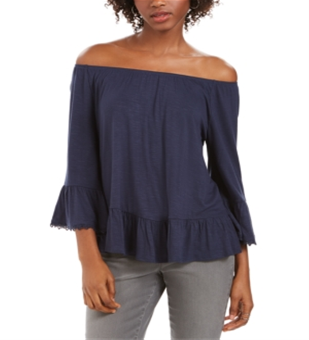 Style & Co Women's Off the Shoulder Bell Sleeve Top Blue Size Small