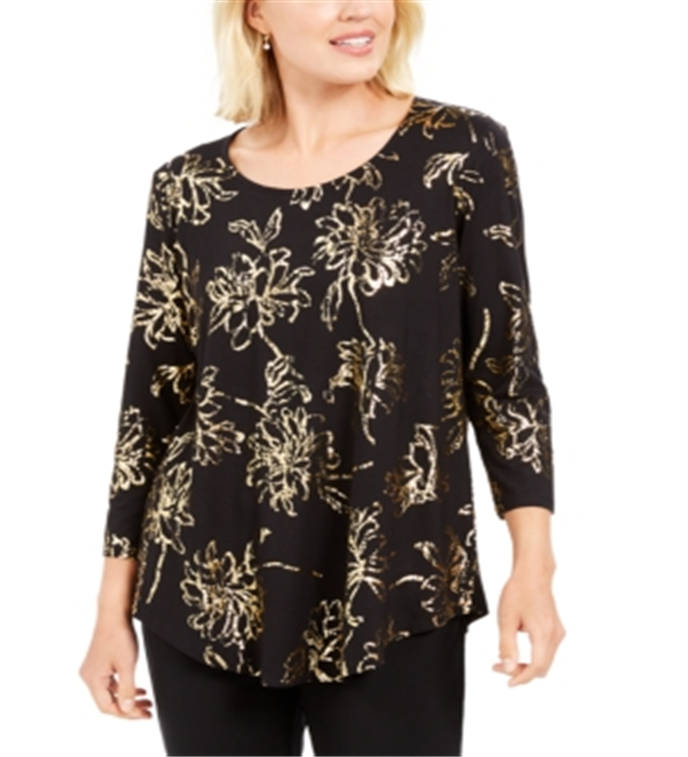 JM Collection Women's Foil Print Scoop Neck Top Black Size Medium