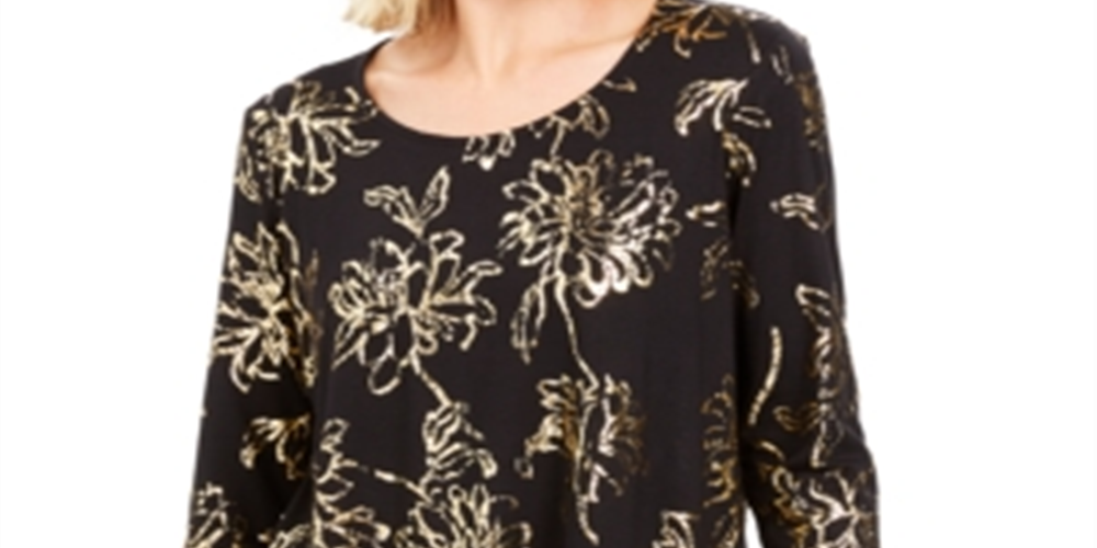 JM Collection Women's Foil Print Scoop Neck Top Black Size Medium