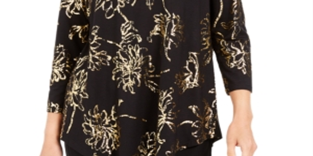 JM Collection Women's Foil Print Scoop Neck Top Black Size Medium