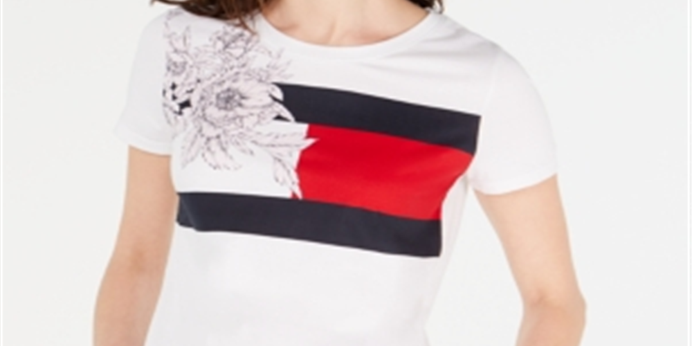 Tommy Hilfiger Women's Floral Flag Printed Cotton T-Shirt White Size X-Large