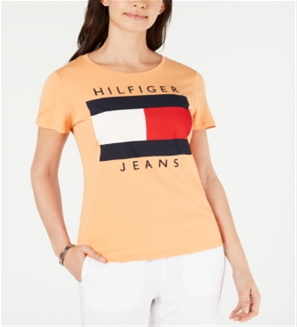 Tommy Hilfiger Women's Cotton Embroidered Logo T-Shirt Orange Size Large