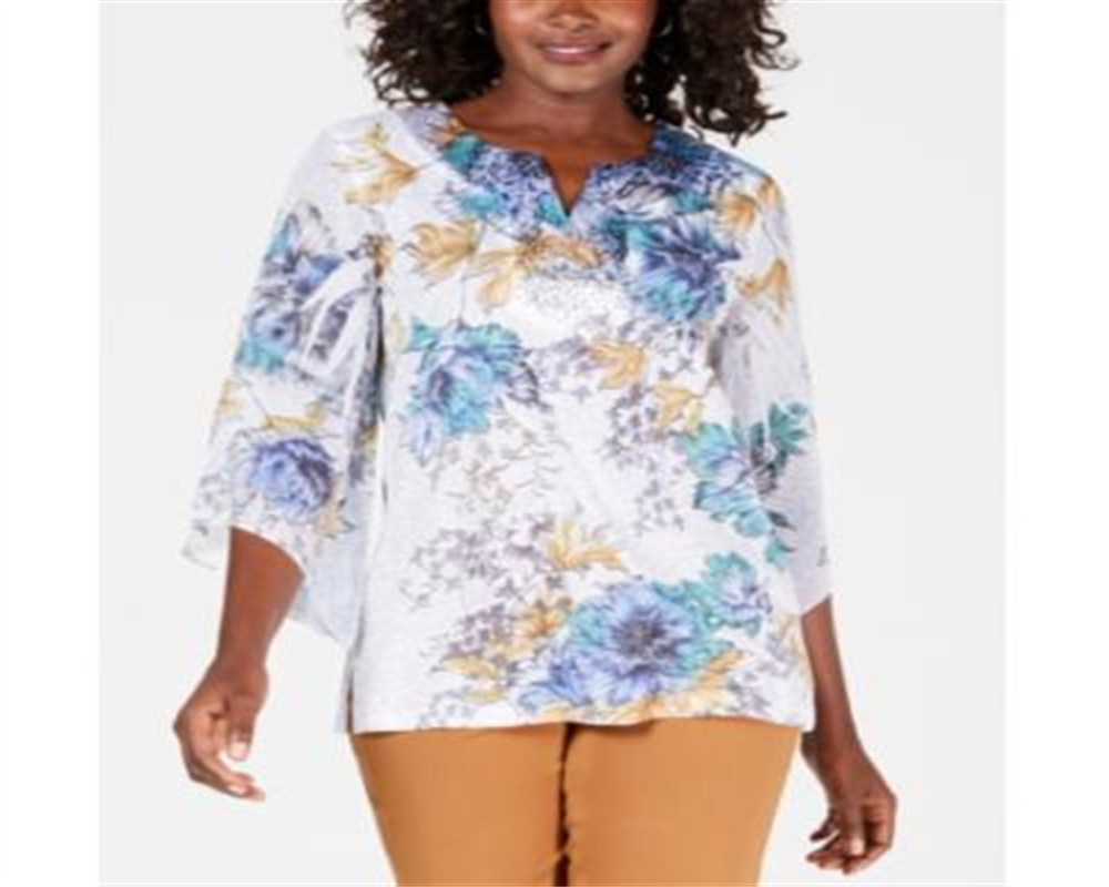 JM Collection Women's Printed Studded Top Blue Size Medium