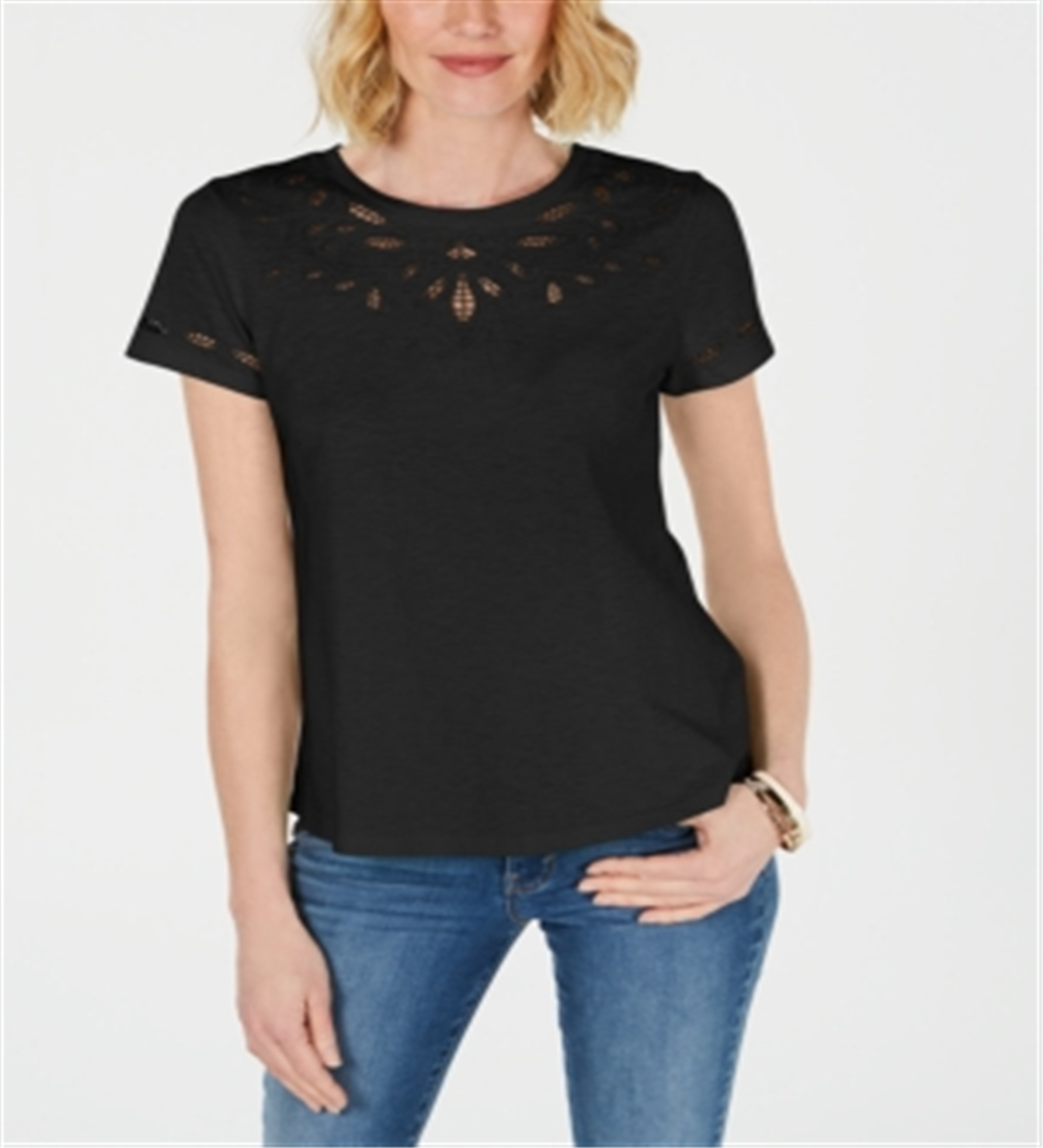 Charter Club Women's Cutout Cotton T-Shirt Black Size Medium