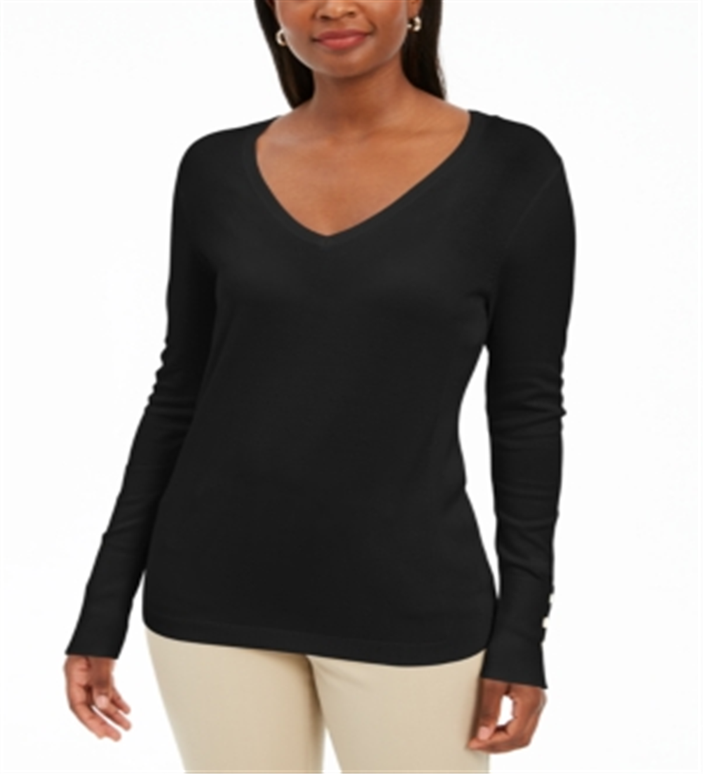 JM Collection Women's Embellished Sleeve V Neck Sweater Gift Black Size Small