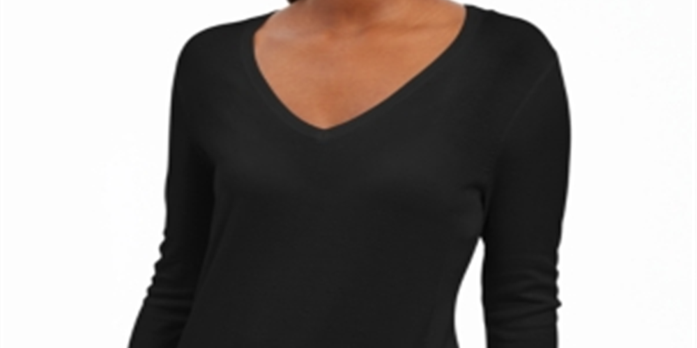 JM Collection Women's Embellished Sleeve V Neck Sweater Gift Black Size Small