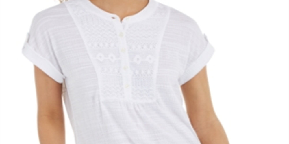 Style & Co Women's Crochet Bib Textured Top White Size X-Small