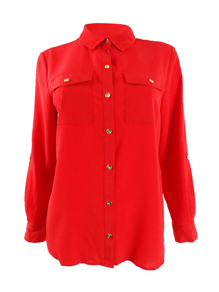 Charter Club Women's Button Front Shirt Red Size Large