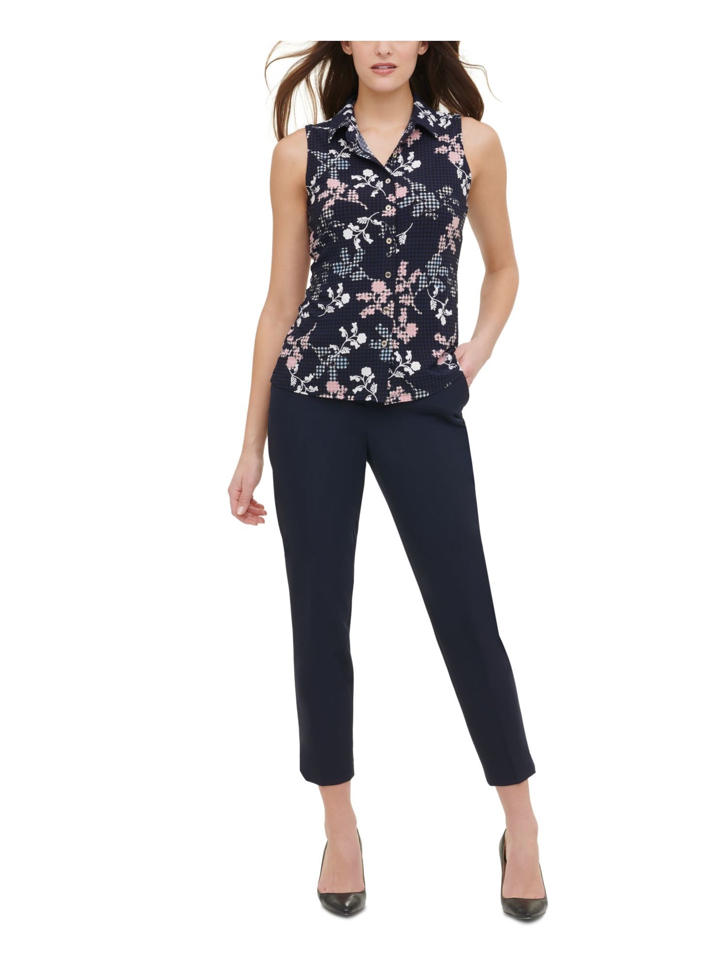 Tommy Hilfiger Women's Button up Floral Print Sleeveless Top Black Size Small