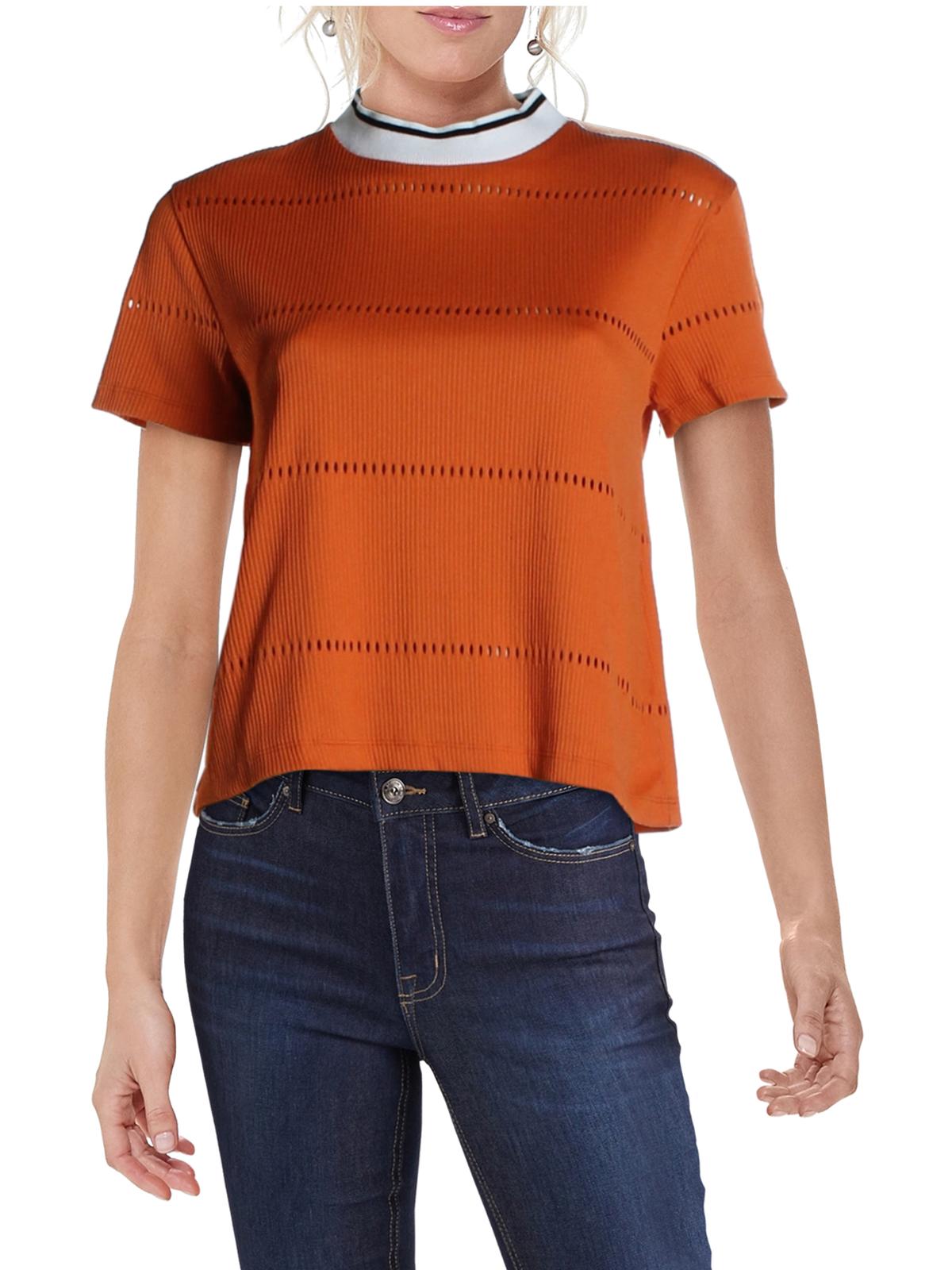 French Connection Women's Jersey Textured Ribbed Ladder Stitch Short Sleeve Crew Neck Crop Top Orange Size Large