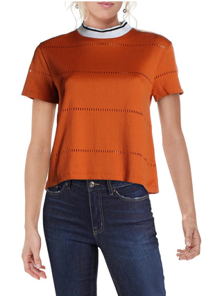 French Connection Women's Jersey Textured Ribbed Ladder Stitch Short Sleeve Crew Neck Crop Top Orange Size Large