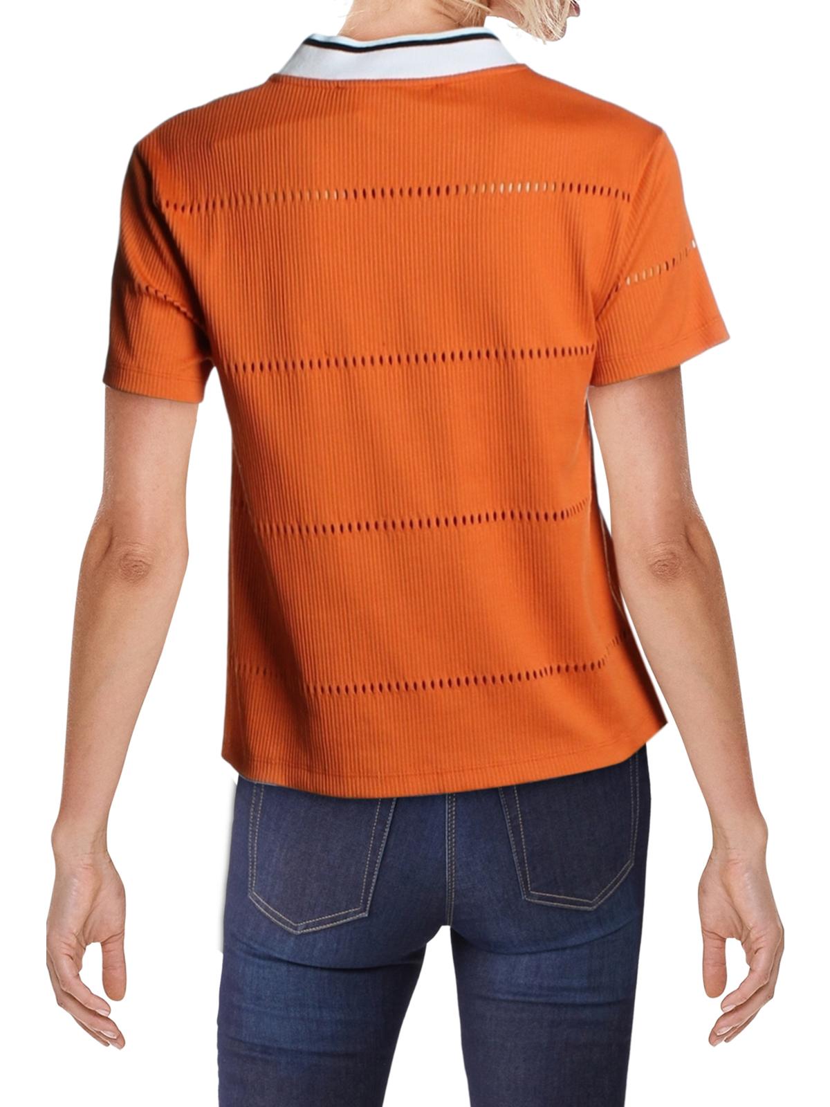 French Connection Women's Jersey Textured Ribbed Ladder Stitch Short Sleeve Crew Neck Crop Top Orange Size Large