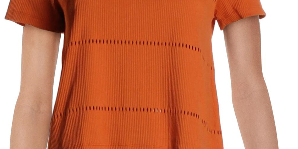 French Connection Women's Jersey Textured Ribbed Ladder Stitch Short Sleeve Crew Neck Crop Top Orange Size Large