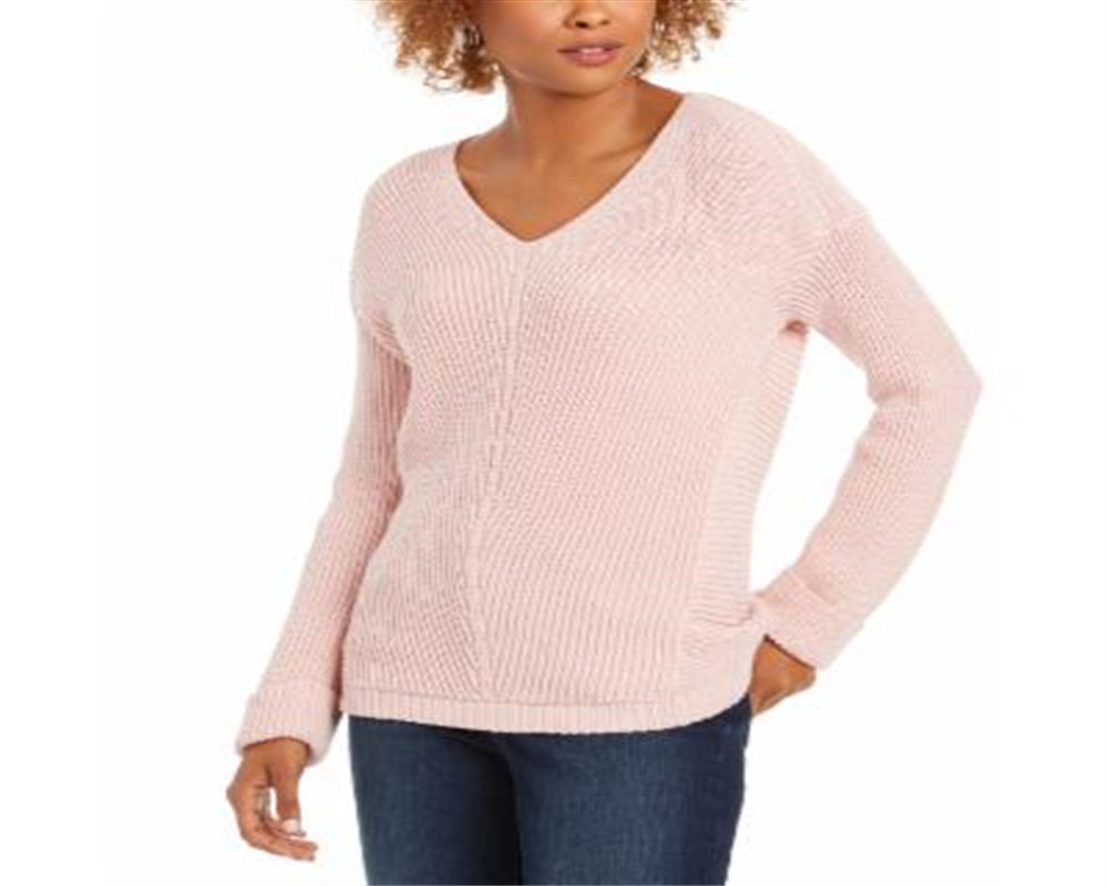 Charter Club Women's Cotton Textured V Neck Sweater Pink Size X-Small