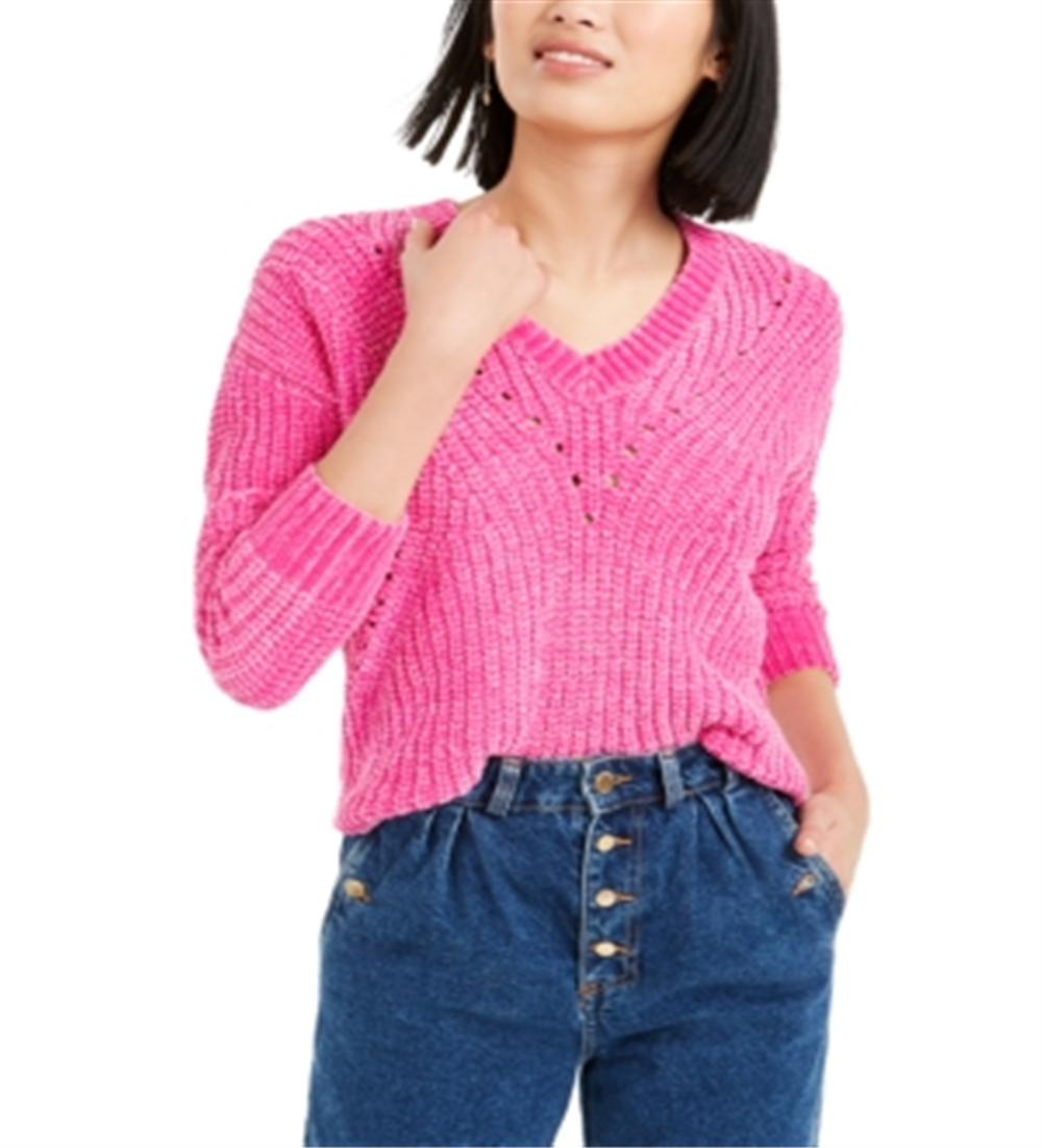 Bar III Women's Chenille V Neck Sweater Pink Size XS