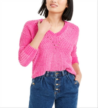 Bar III Women's Chenille V Neck Sweater Pink Size XS