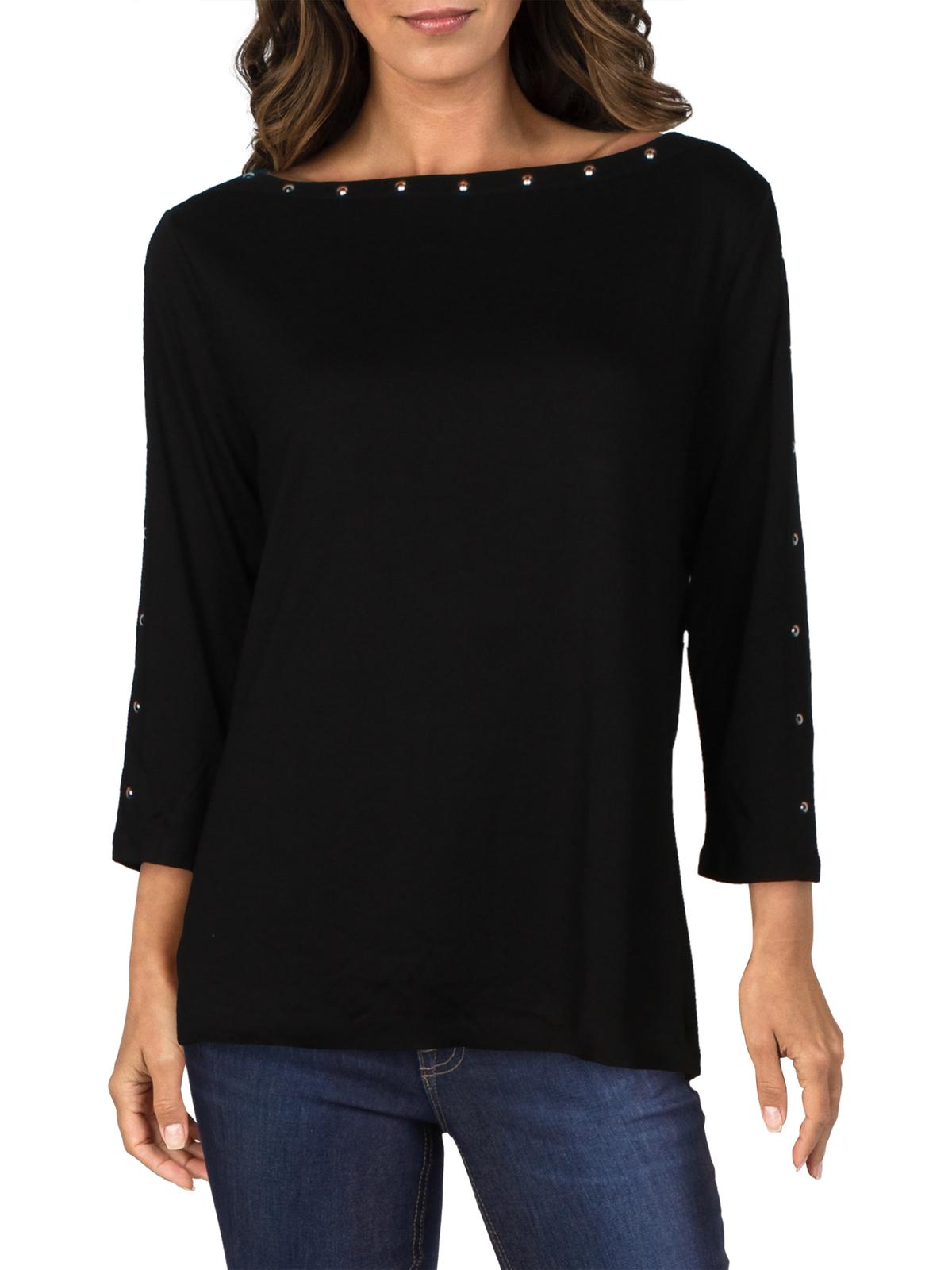 Karen Scott Women's Cotton Boat Neck Studded Top Black Size Large