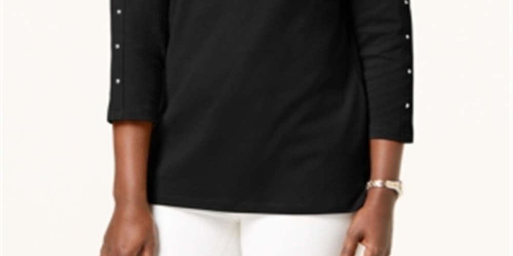 Karen Scott Women's Cotton Boat Neck Studded Top Black Size Large