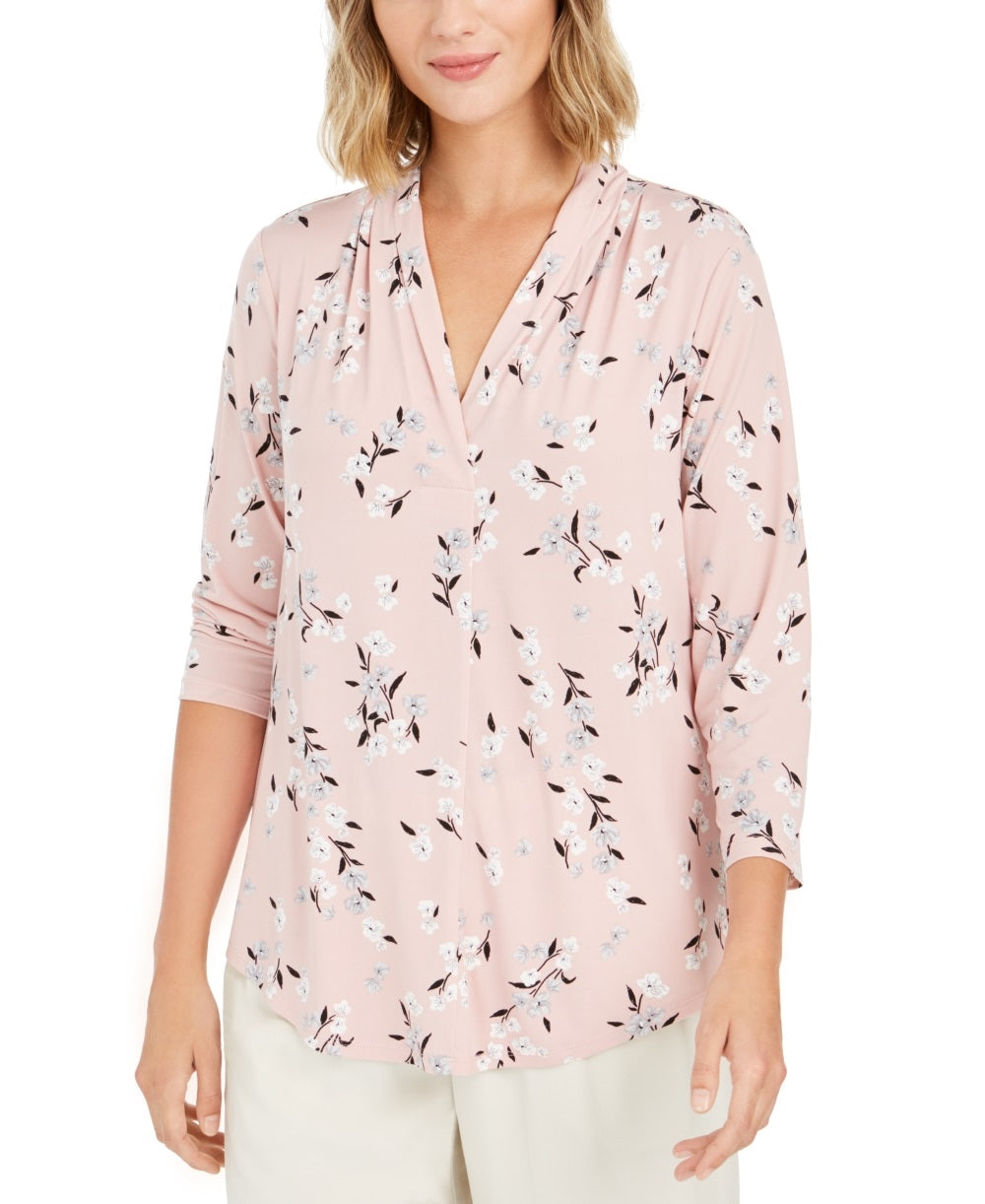 Charter Club Women's Floral 3/4 Sleeve V Neck Blouse Top Pink Size Petite Small