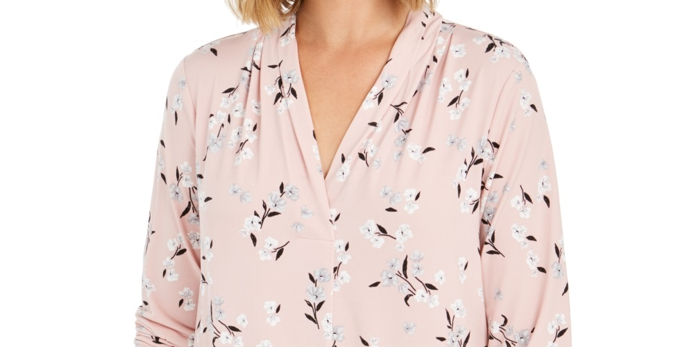 Charter Club Women's Floral 3/4 Sleeve V Neck Blouse Top Pink Size Petite Small