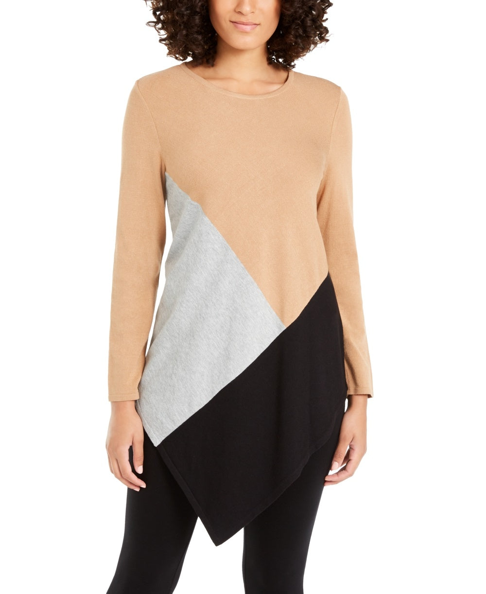 Alfani Women's Colorblocked Asymmetrical Tunic Khaki Size Petite Medium