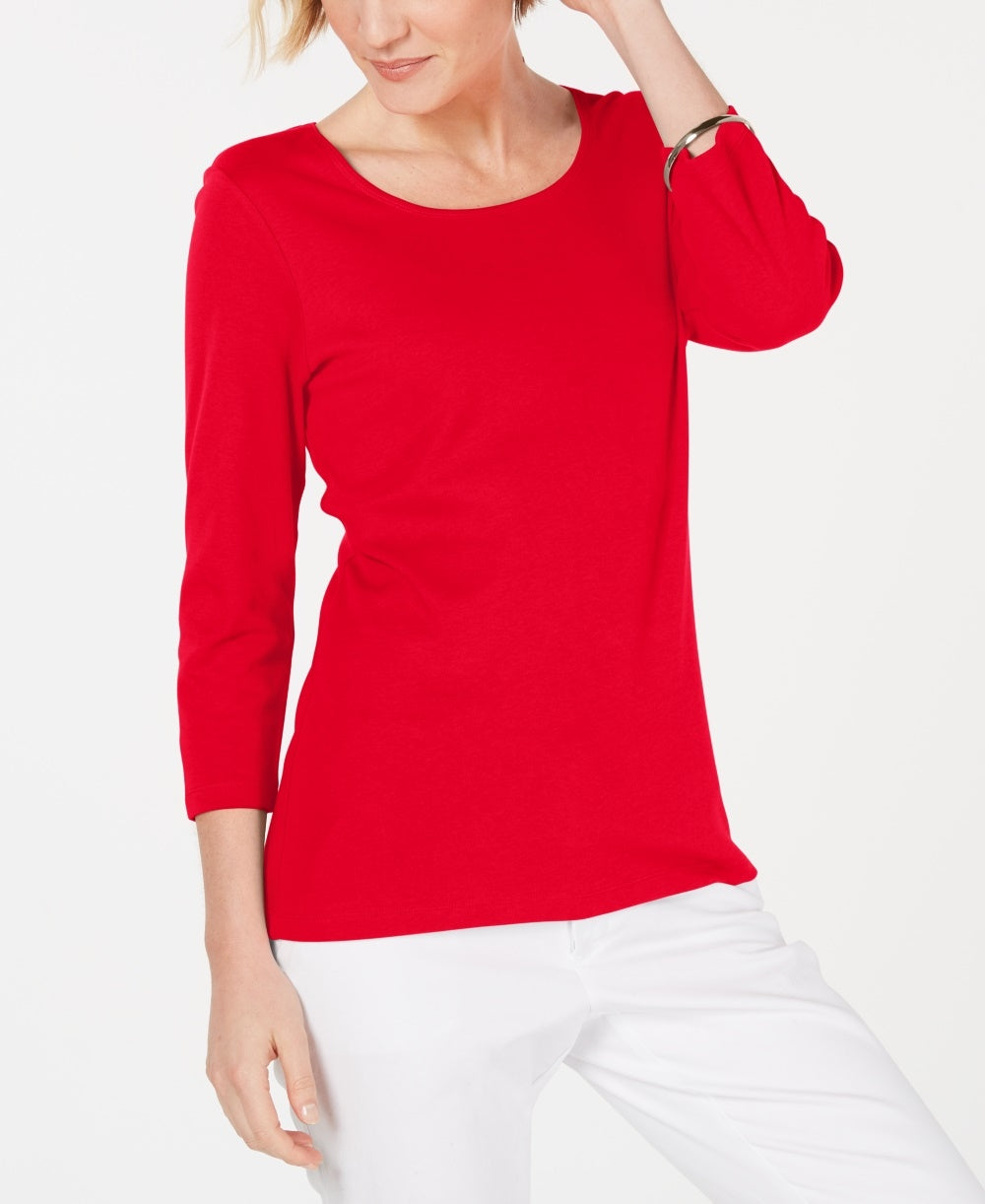 Karen Scott Women's Cotton Scoop Neck Top Red Size Petite Small