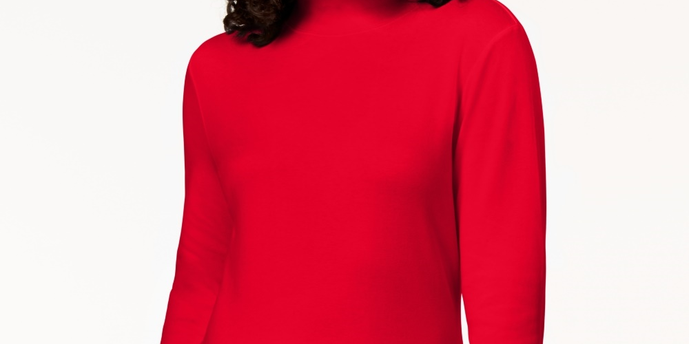 Karen Scott Women's Petite Long-Sleeve Mock-Neck Cotton Top Bright Red Size Petite Small