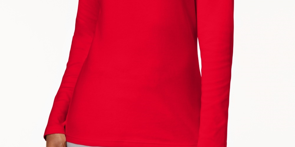 Karen Scott Women's Petite Long-Sleeve Mock-Neck Cotton Top Bright Red Size Petite Small