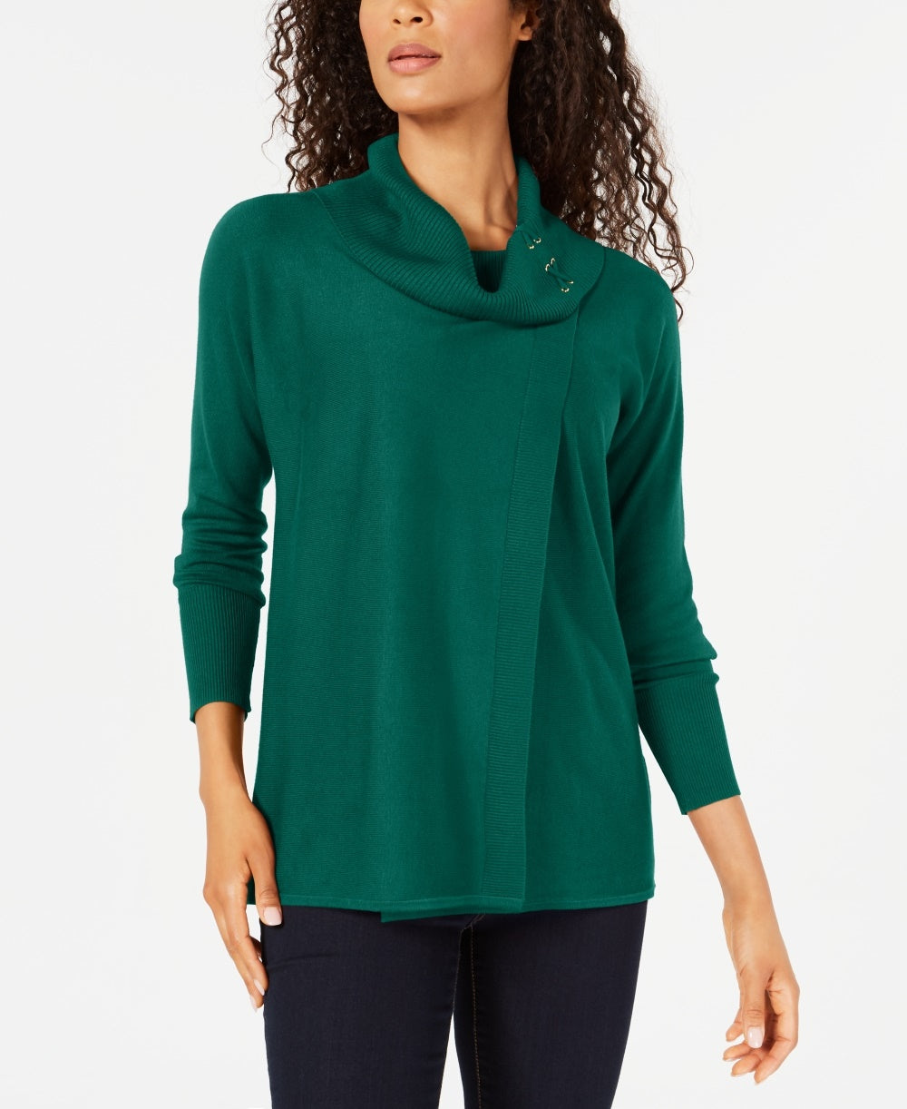 JM Collection Women's Faux-Wrap Cowl-Neck Sweater Med Green Size Small