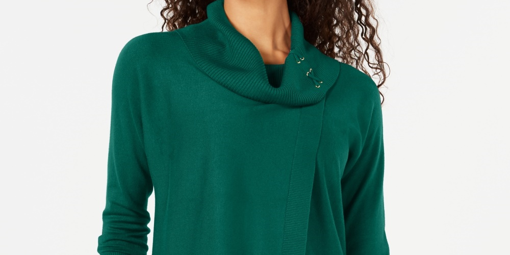 JM Collection Women's Faux-Wrap Cowl-Neck Sweater Med Green Size Small