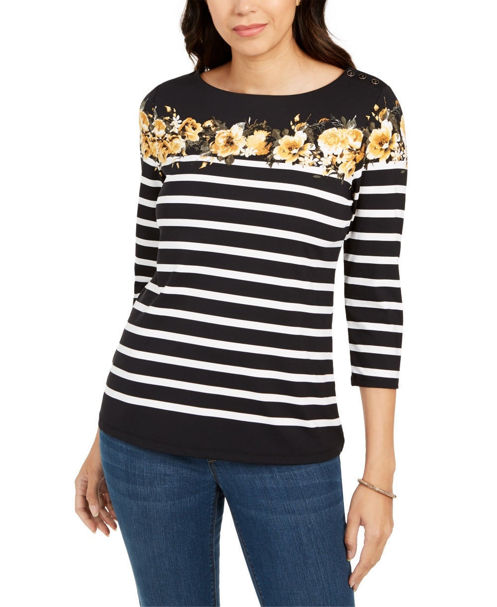 Charter Club Women's Striped And Floral Print Top  Black Size X-Small