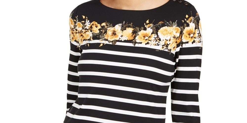 Charter Club Women's Striped And Floral Print Top  Black Size X-Small