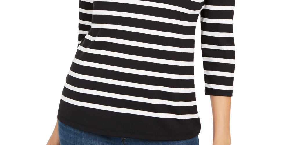 Charter Club Women's Striped And Floral Print Top  Black Size X-Small