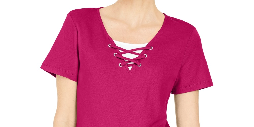 Karen Scott Women's Lace Up Layered Look Top Pink Size Medium